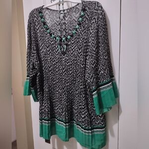 Plus Size Pleated Top Black & Green Beading Embellished